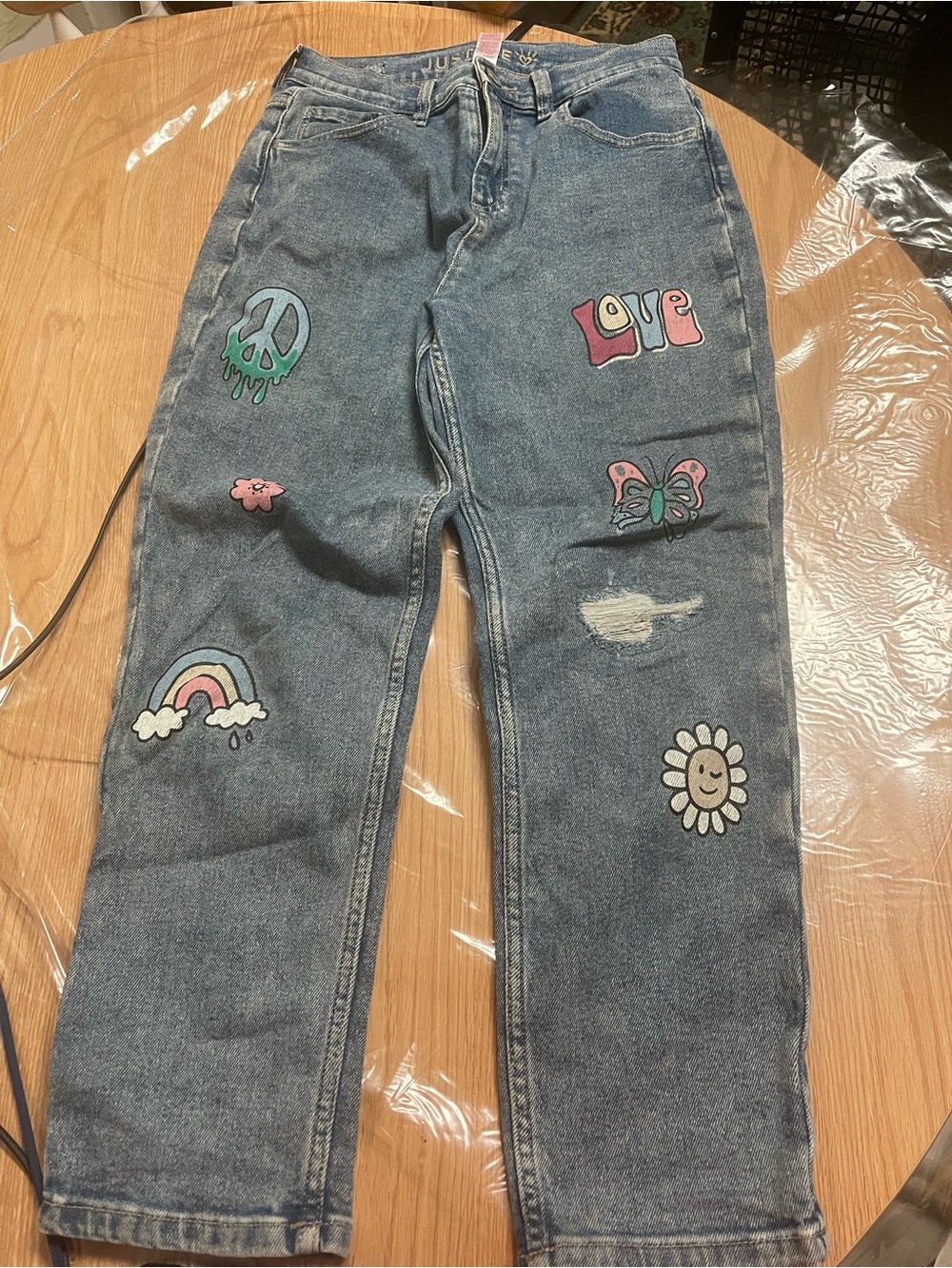 Justice Blue Denim Straight-Leg Jeans with Colorful Patch Art